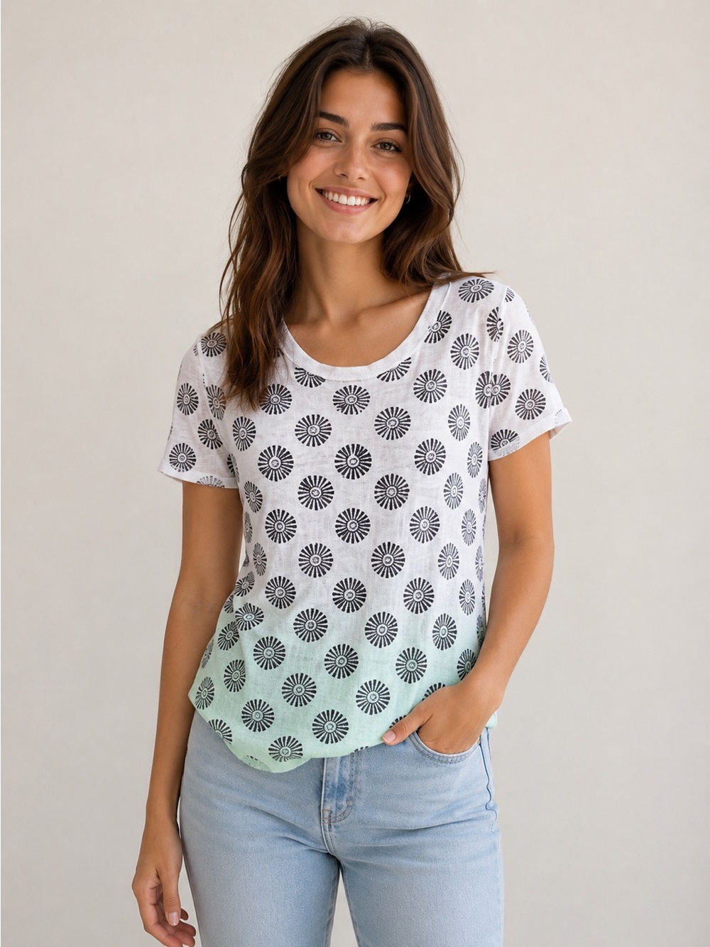 J. Crew Short Sleeve Knit Top in White with Black Sunburst Motif